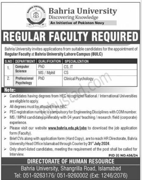 New Govt Jobs In Bahria University Lahore Campus July 2024