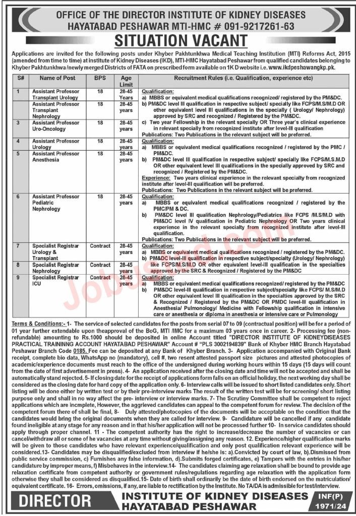 Latest Jobs Institute of Kidney Diseases In Peshawar August 2024