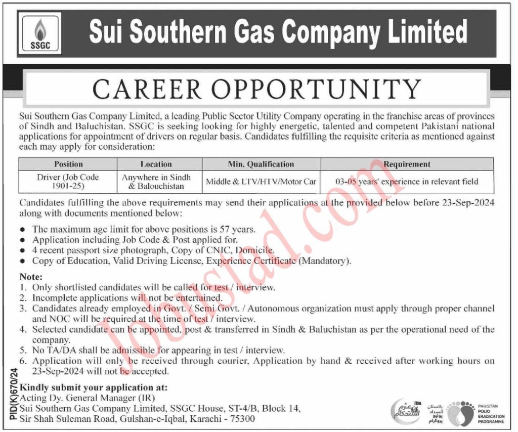 SSGC New Jobs Sui Southern Gas Company Limited 2024 