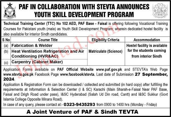 PAF New Jobs Youth Skill Development Program September 2024