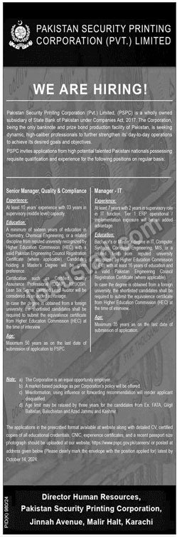 Latest Jobs Pakistan Security Printing Corporation In Karachi 2024