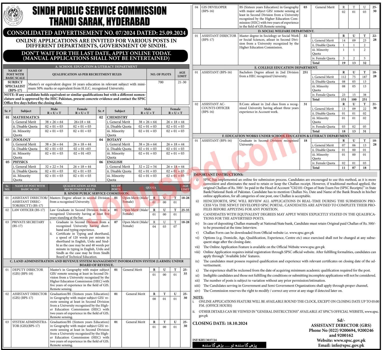 SPSC New Jobs Sindh Public Service Commission September 2024