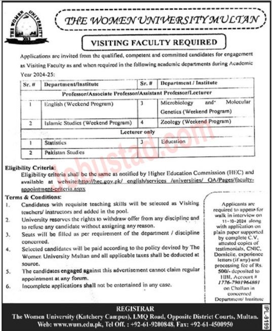 Latest Jobs The Women University In Multan September 2024