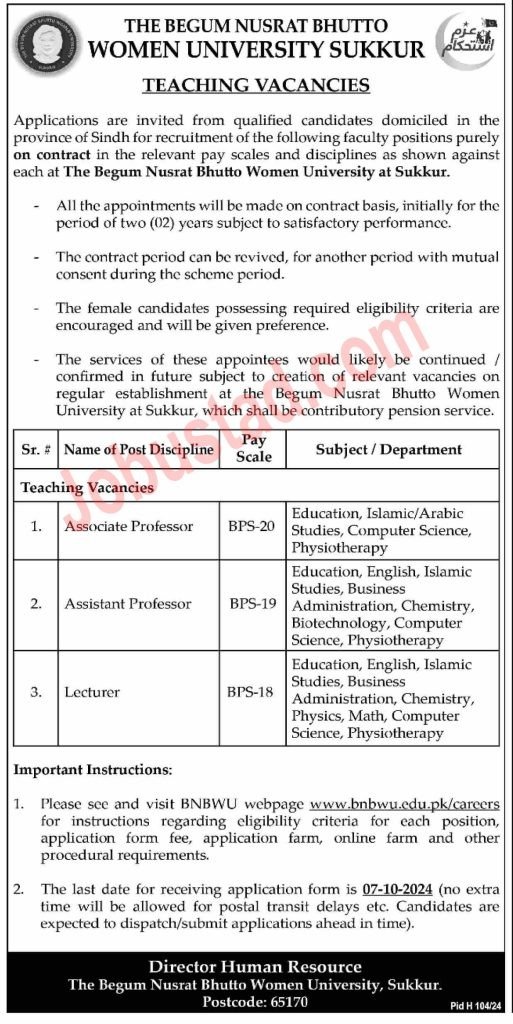 New Govt Jobs Women University In Sukkur September 2024 