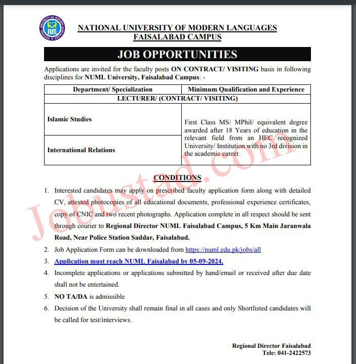 New Govt Jobs NUML University Campus In Faisalbad September 2024