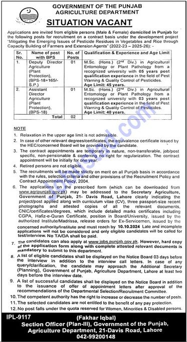 Latest Jobs Agriculture Department Punjab In Lahore 2024