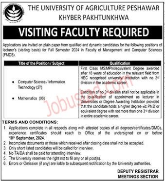 Latest Jobs University of Agriculture In Peshawar September 2024