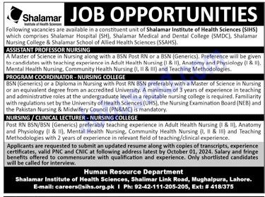 Latest Jobs Shalamar Institute of Health Sciences In Lahore 2024 