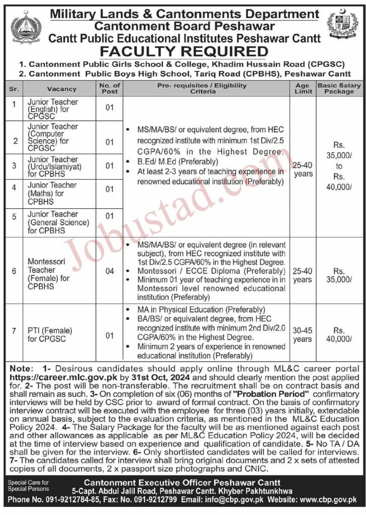 New Govt Jobs In Military Lands and Cantonments Department 2024