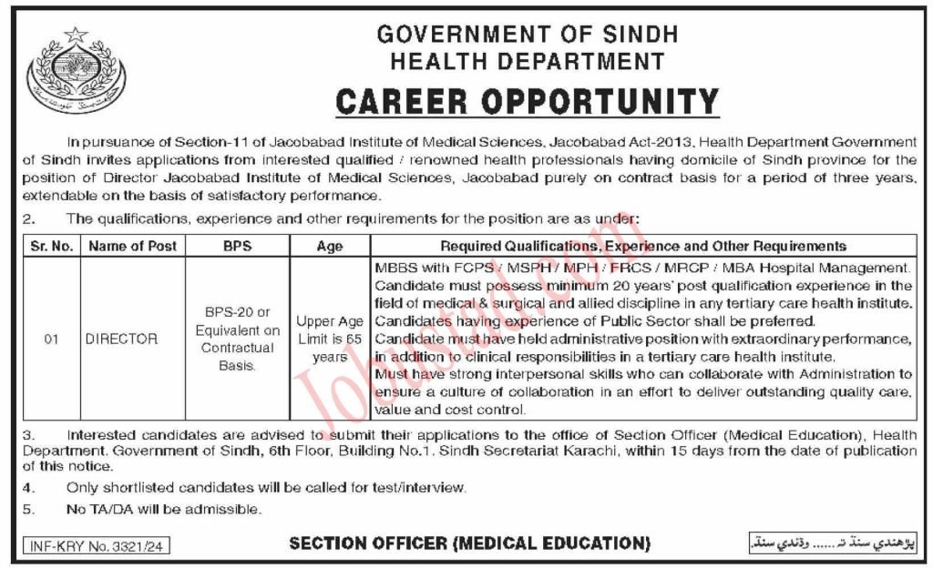 New Govt Jobs Health Department Sindh October 2024 