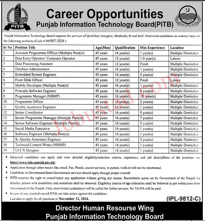 PITB New Jobs Punjab Information Technology Board 2024