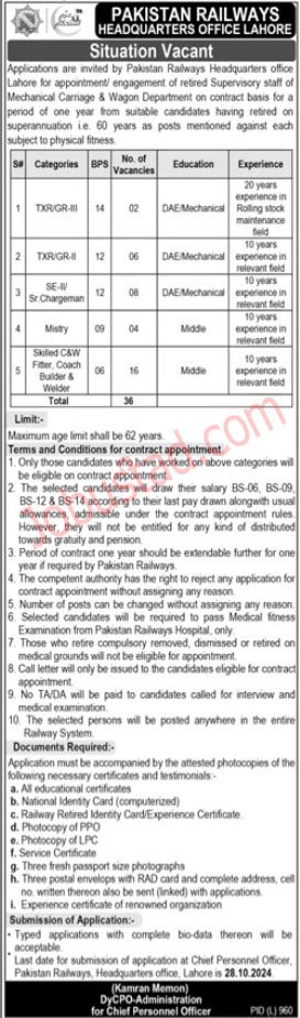 Latest Jobs Pakistan Railways Department In Lahore 2024