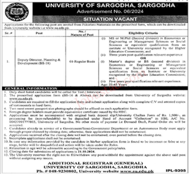 New Govt Jobs In University of Sargodha October 2024