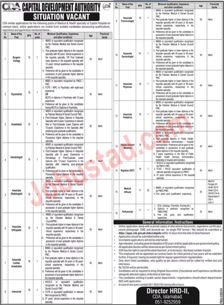 New Govt Jobs In Capital Development Authority October 2024