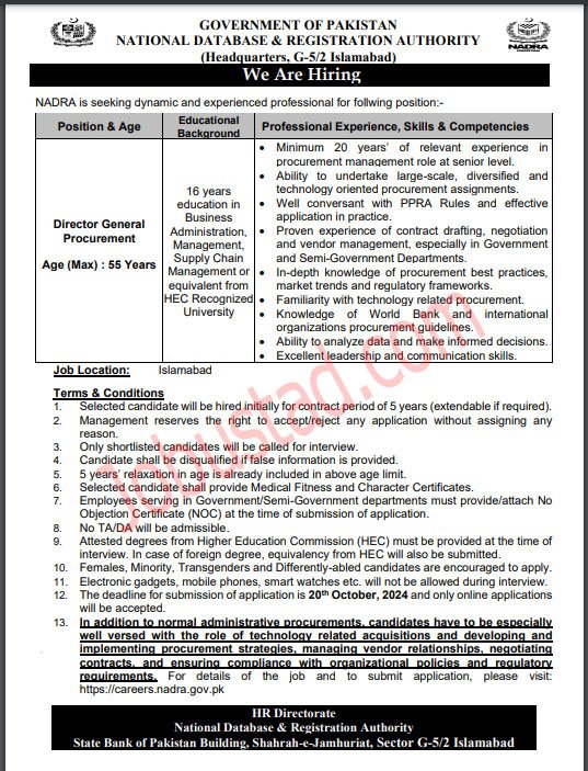 NADRA New Govt Jobs In Pakistan Online Apply October 2024 