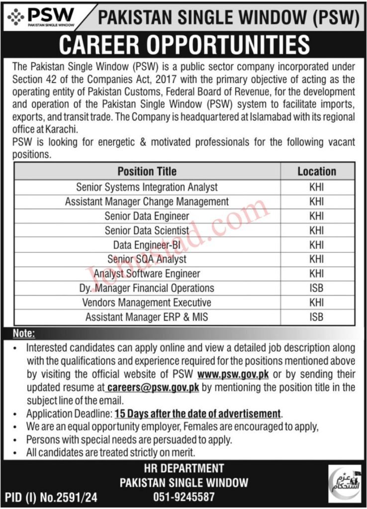 PSW New Jobs Pakistan Single Window In Islamabad 2024