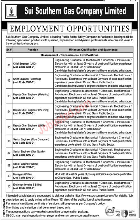 SSGC New Jobs Sui Southern Gas Company In Karachi 2024