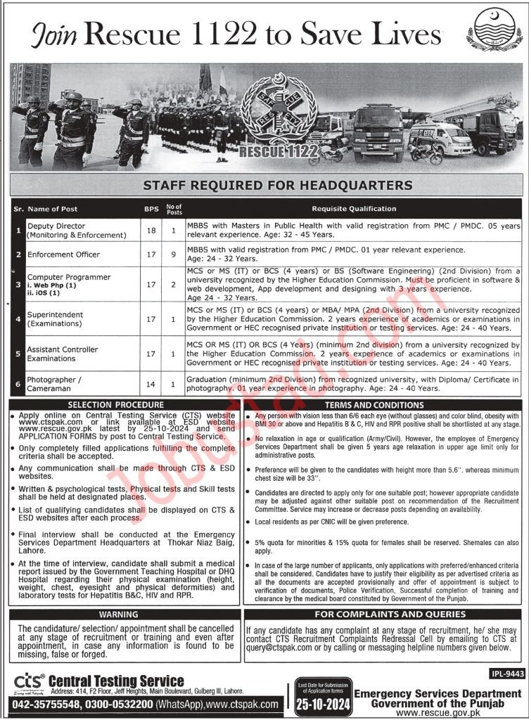 New Govt Jobs In Punjab RESCUE 1122 October 2024 