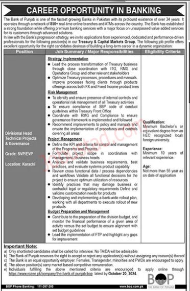 BOP New Jobs Bank of Punjab Online Apply October 2024 