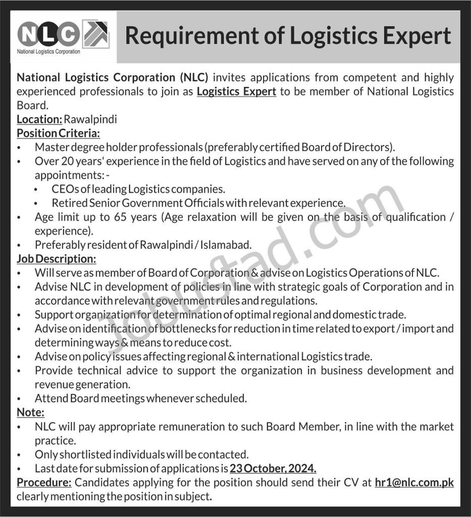 NLC New Jobs National Logistics Cell Online Apply 2024