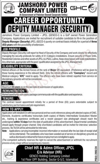 Latest Jobs Jamshoro Power Company Limtied November 2024