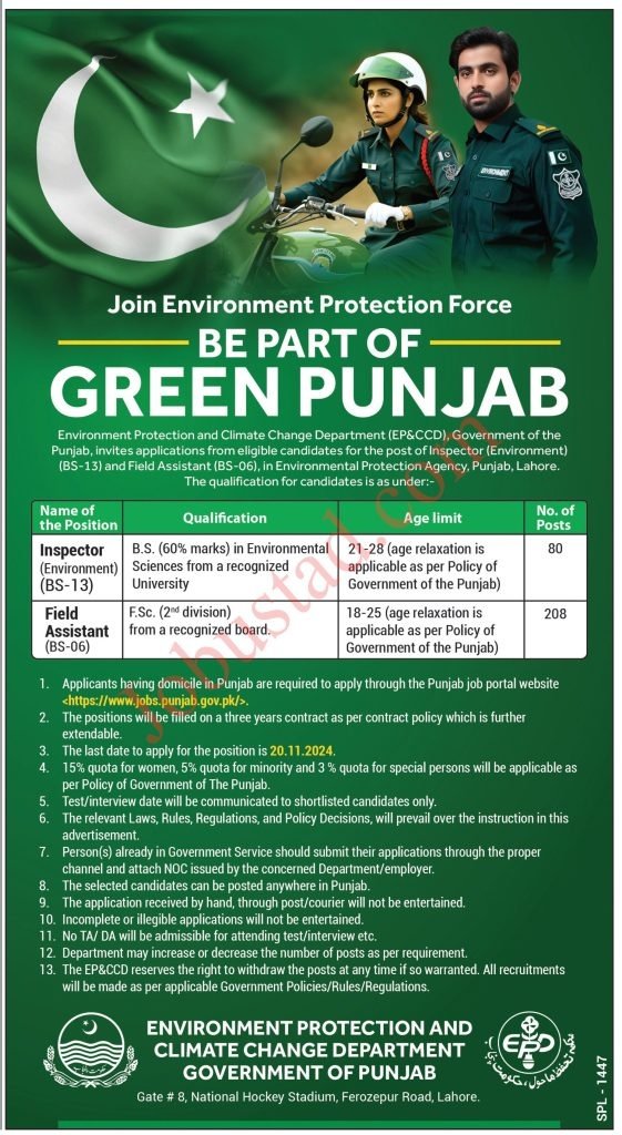 New Govt Jobs In Punjab Environment Protection Department 2024