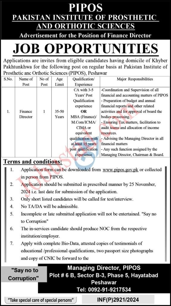 PIPOS New Govt Jobs In Peshawar November 2024