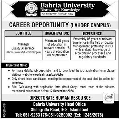 Bahria University New Govt Jobs In Punjab December 2024  