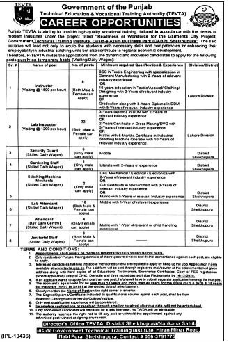 TEVTA New Govt Jobs In Punjab December 2024