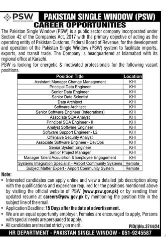 PSW New Jobs Pakistan Single Window In Karachi December 2024  